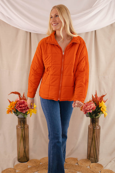 Rust Orange Quilted Puffer Jacket- Women's Boxy Fall Jacket- FP Dupe Quilted Jacket