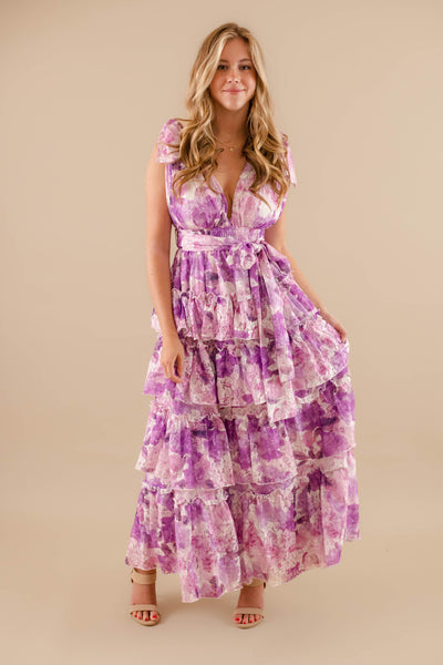 Tiered Formal Maxi Dress- Women's Purple Floral Maxi- Clothing Company Dresses