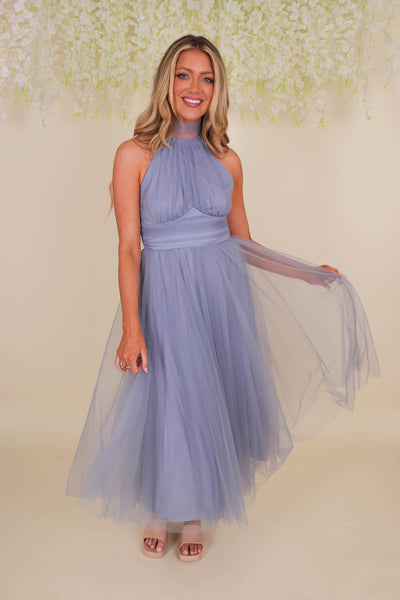 Women's Blue Midi Dress- Fancy Tulle Dress For Women- Fancy Wedding Guest Dress