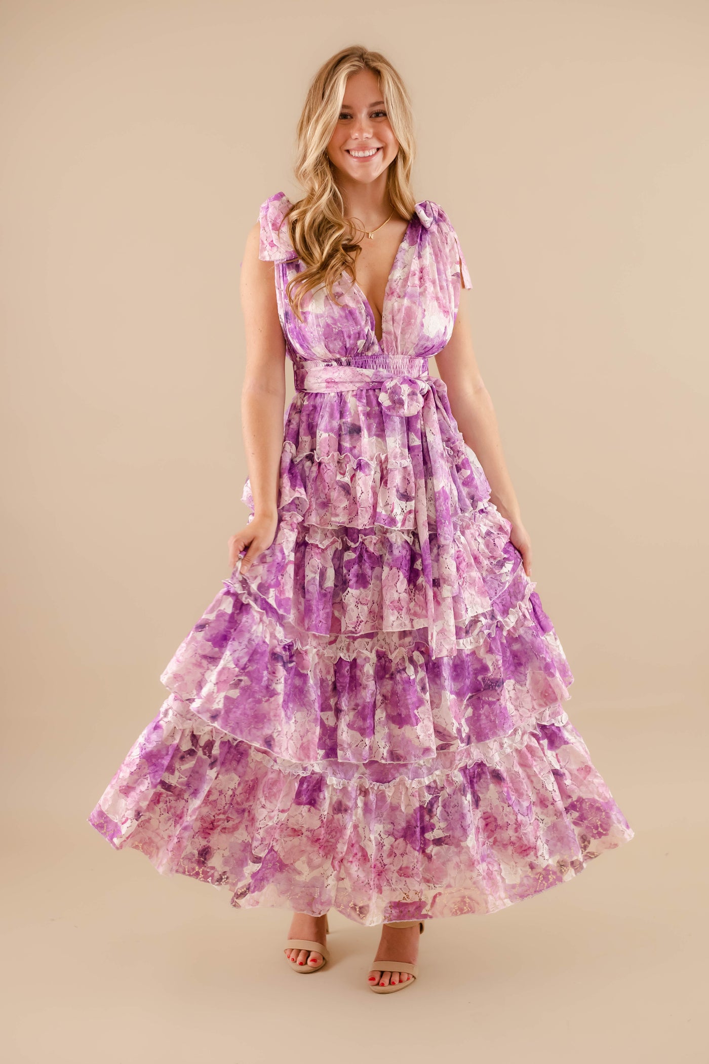 Tiered Formal Maxi Dress- Women's Purple Floral Maxi- Clothing Company Dresses