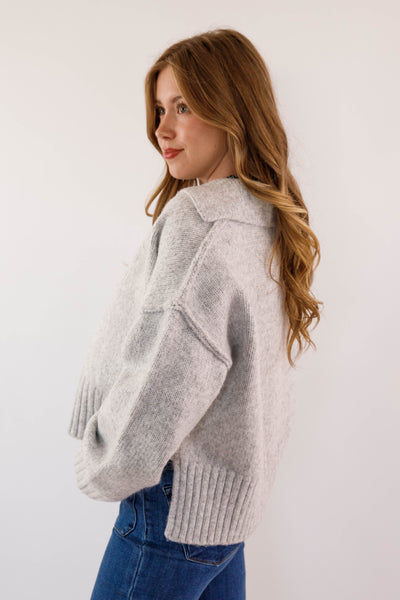 Polo Collar Ribbed Hem Sweater- Women's Cozy Grey Sweater- Boxy Knit Sweater for Women
