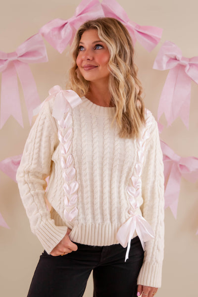 Ivory Sweater With Pink Ribbon- Cable Knit Ribbon Sweater For Women- LoveShack Bow Sweater