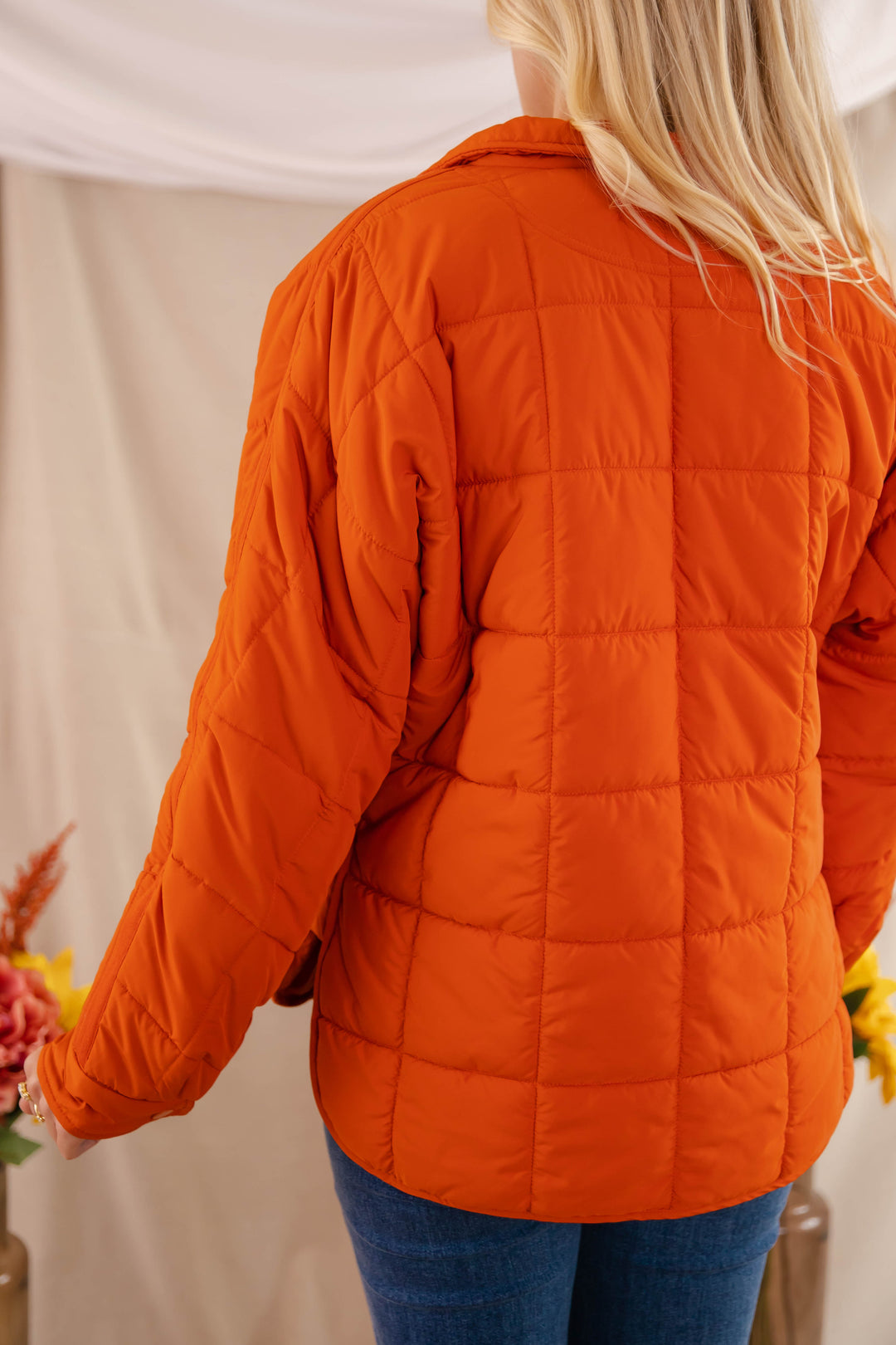 Rust Orange Quilted Puffer Jacket- Women's Boxy Fall Jacket- FP