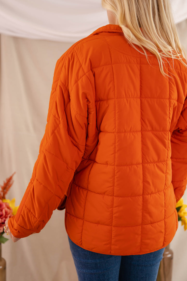 Rust Orange Quilted Puffer Jacket- Women's Boxy Fall Jacket- FP