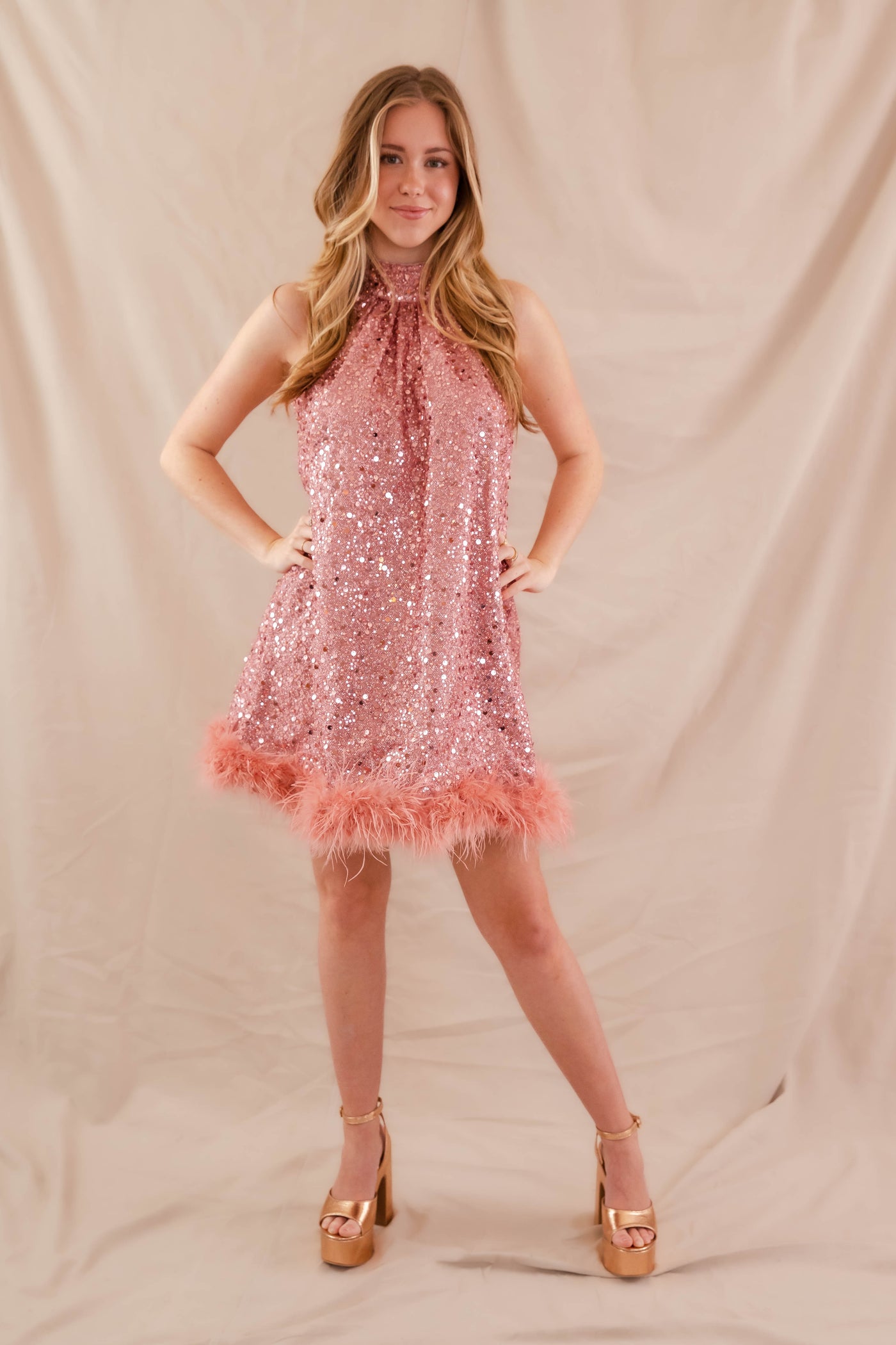 Hot Pink Feather Dress- Women's Pink Sequin Dress- Sequin Feather Dress