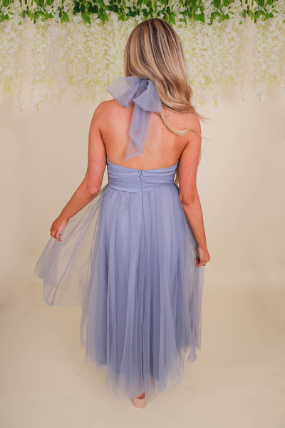Women's Blue Midi Dress- Fancy Tulle Dress For Women- Fancy Wedding Guest Dress