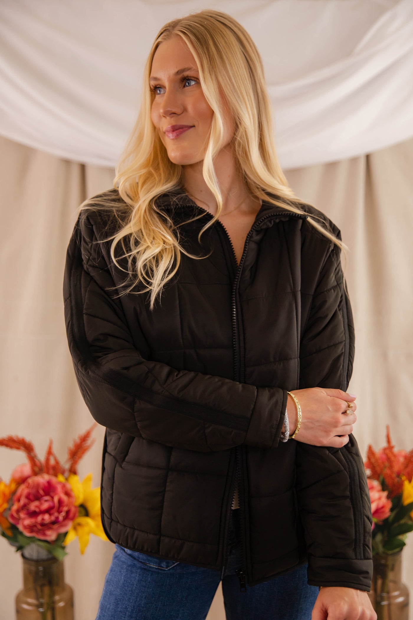 Black Quilted Puffer Jacket- Women's Boxy Fall Jacket- FP Dupe Quilted Jacket