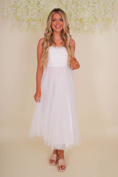 White Tulle Midi Dress- Women's Fancy Tulle Dress- White Tulle Bridal Dresses