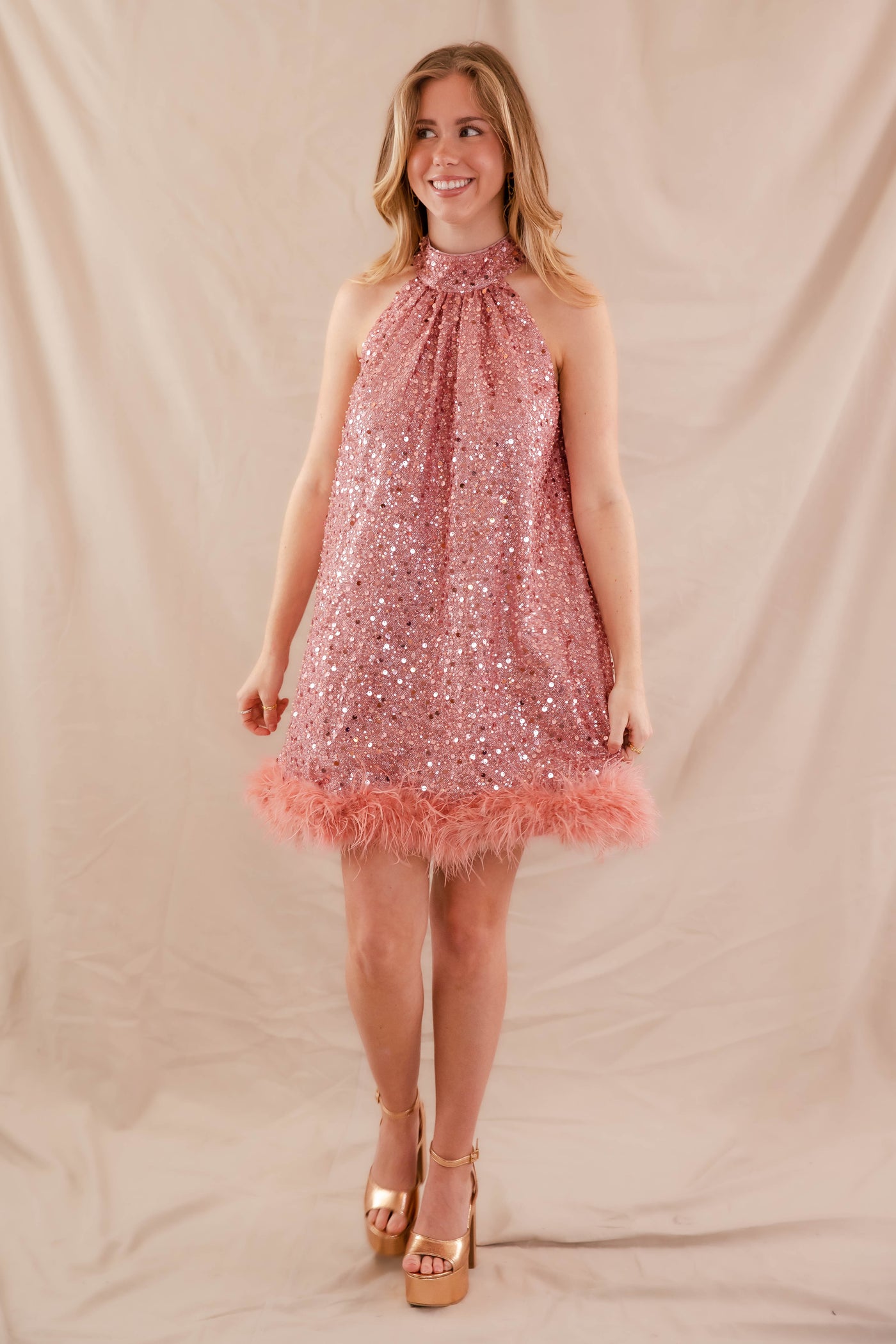 Hot Pink Feather Dress- Women's Pink Sequin Dress- Sequin Feather Dress