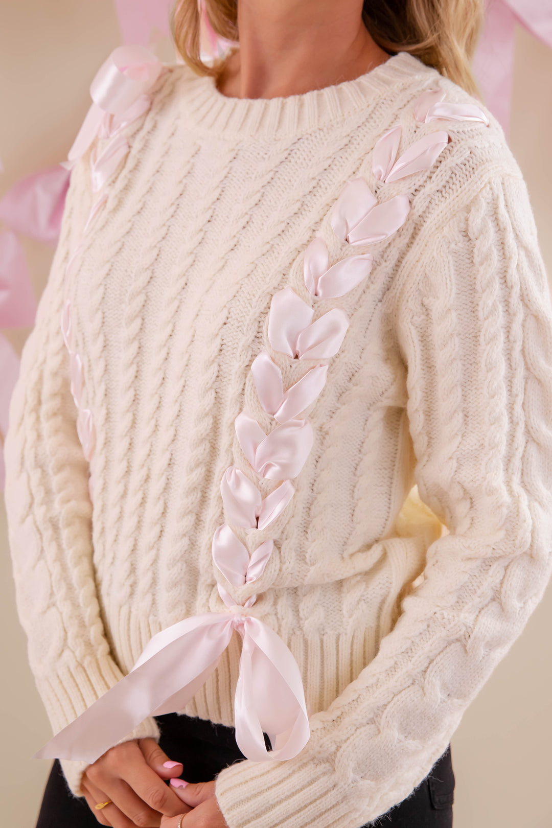 Ivory Sweater With Pink Ribbon- Cable Knit Ribbon Sweater For