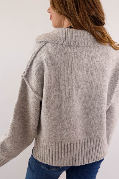 Polo Collar Ribbed Hem Sweater- Women's Cozy Grey Sweater- Boxy Knit Sweater for Women