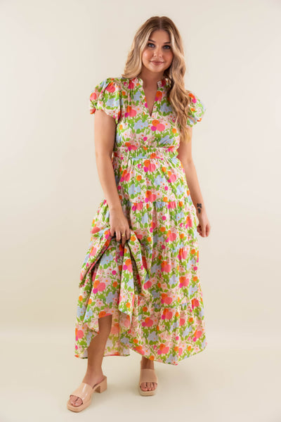 Vibrant Floral Print Maxi Dress- Women's Colorful Maxi Dress- Entro Dresses