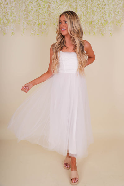 White Tulle Midi Dress- Women's Fancy Tulle Dress- White Tulle Bridal Dresses