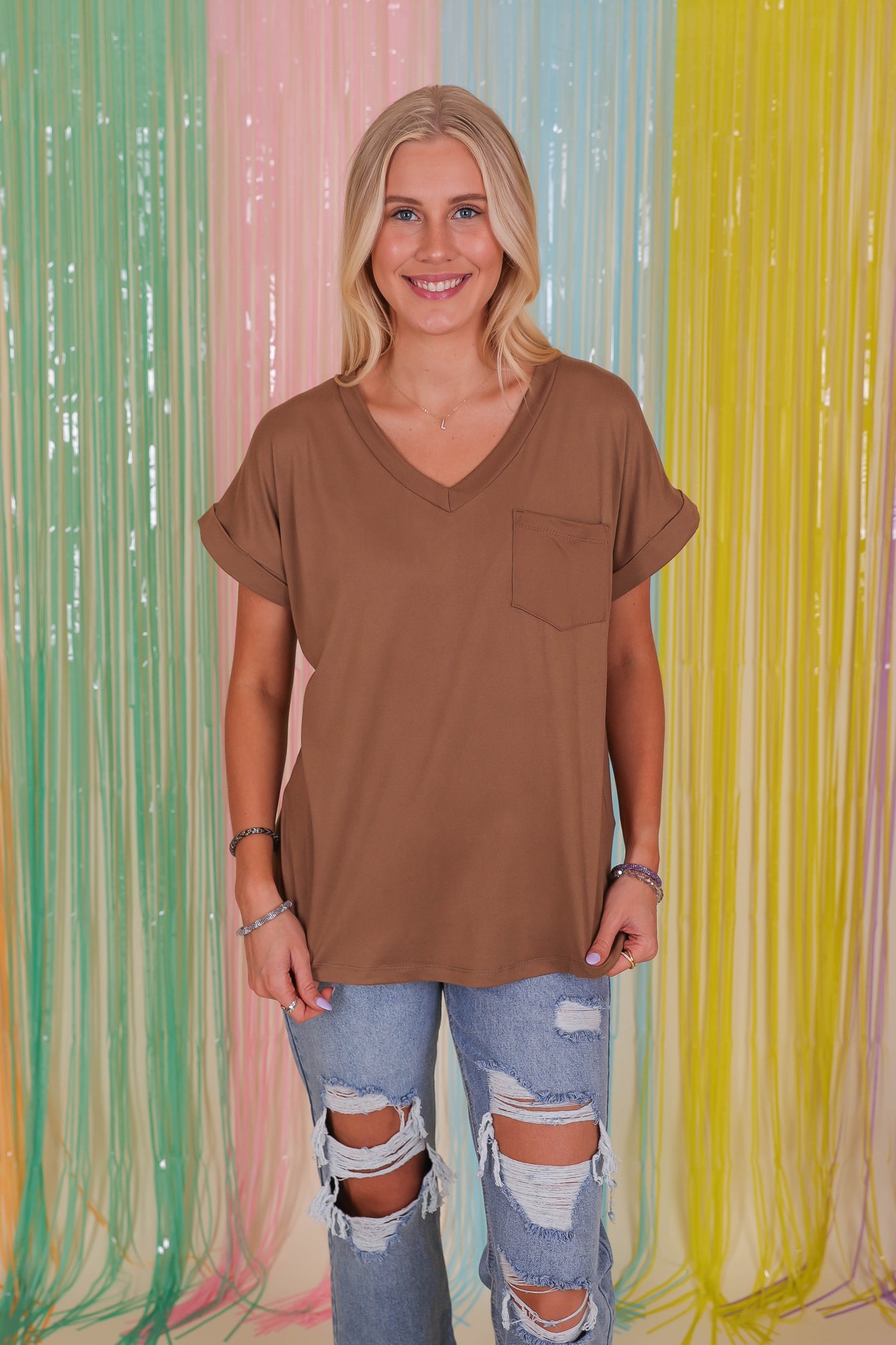 Women's Basic Brown Tee- Brown V-Neck Shirt- Women's Brown Pocket Tee