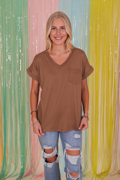 Women's Basic Brown Tee- Brown V-Neck Shirt- Women's Brown Pocket Tee