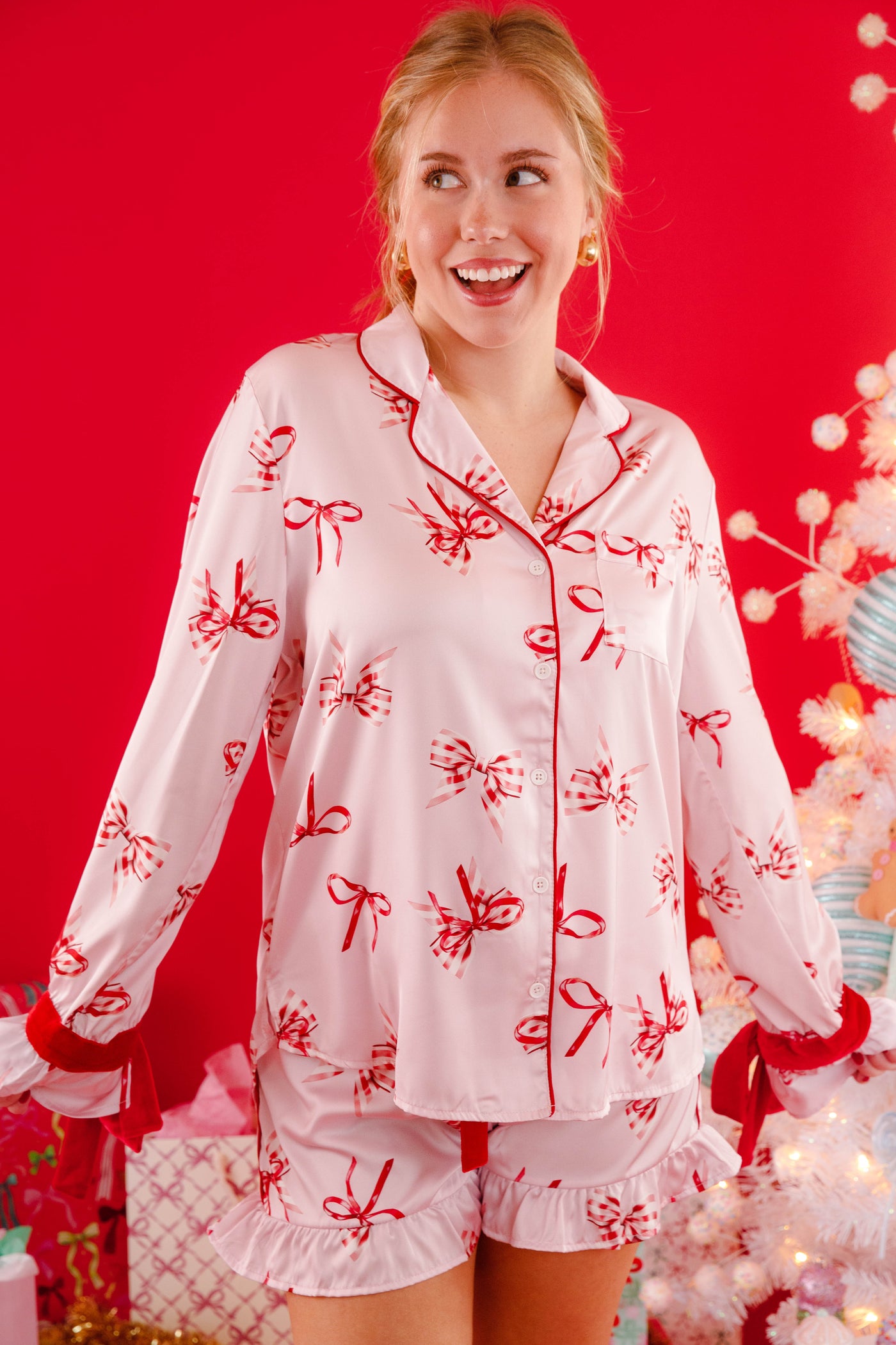 Cute Christmas Pajamas- Silky Bow Print Pajamas- Pajama Set by Fantastic Fawn