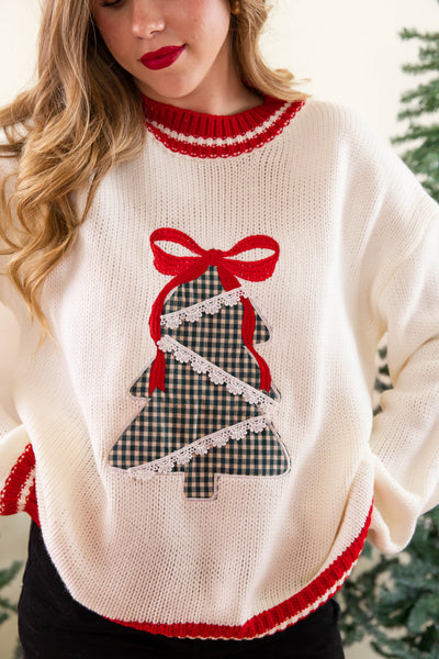 Classic Red Bow Christmas Tree Sweater- Elegant Christmas Tree Sweater- Main Strip Christmas Sweater