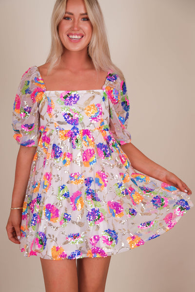 Women's Sequin Floral Dress- Sequin Babydoll Dress- Main Strip Sequin Dress