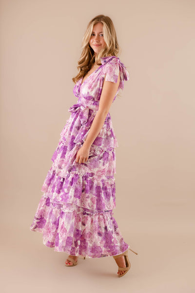 Tiered Formal Maxi Dress- Women's Purple Floral Maxi- Clothing Company Dresses