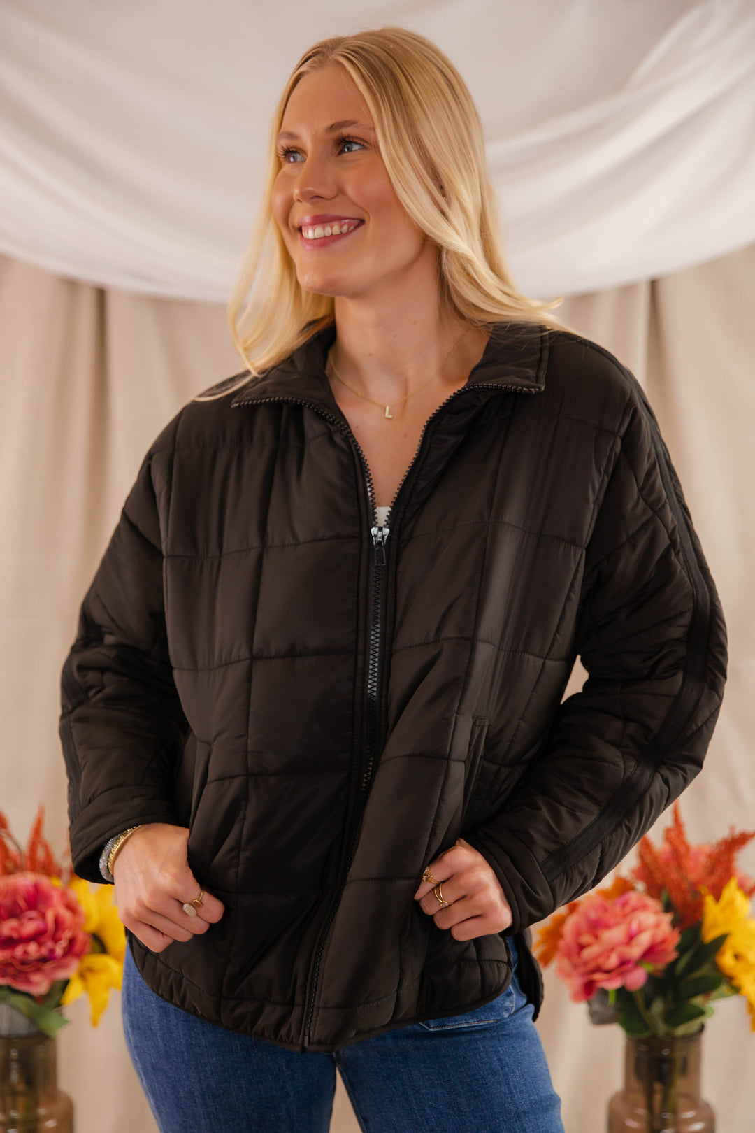 Black Quilted Puffer Jacket- Women's Boxy Fall Jacket- FP Dupe