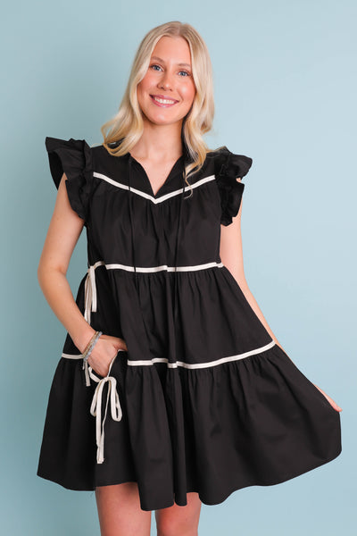 Women's Black Button Down Dress- Chic High End Dress with Ruffle Sleeves- Sofie The Label Dress