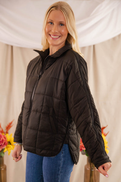 Black Quilted Puffer Jacket- Women's Boxy Fall Jacket- FP Dupe Quilted Jacket