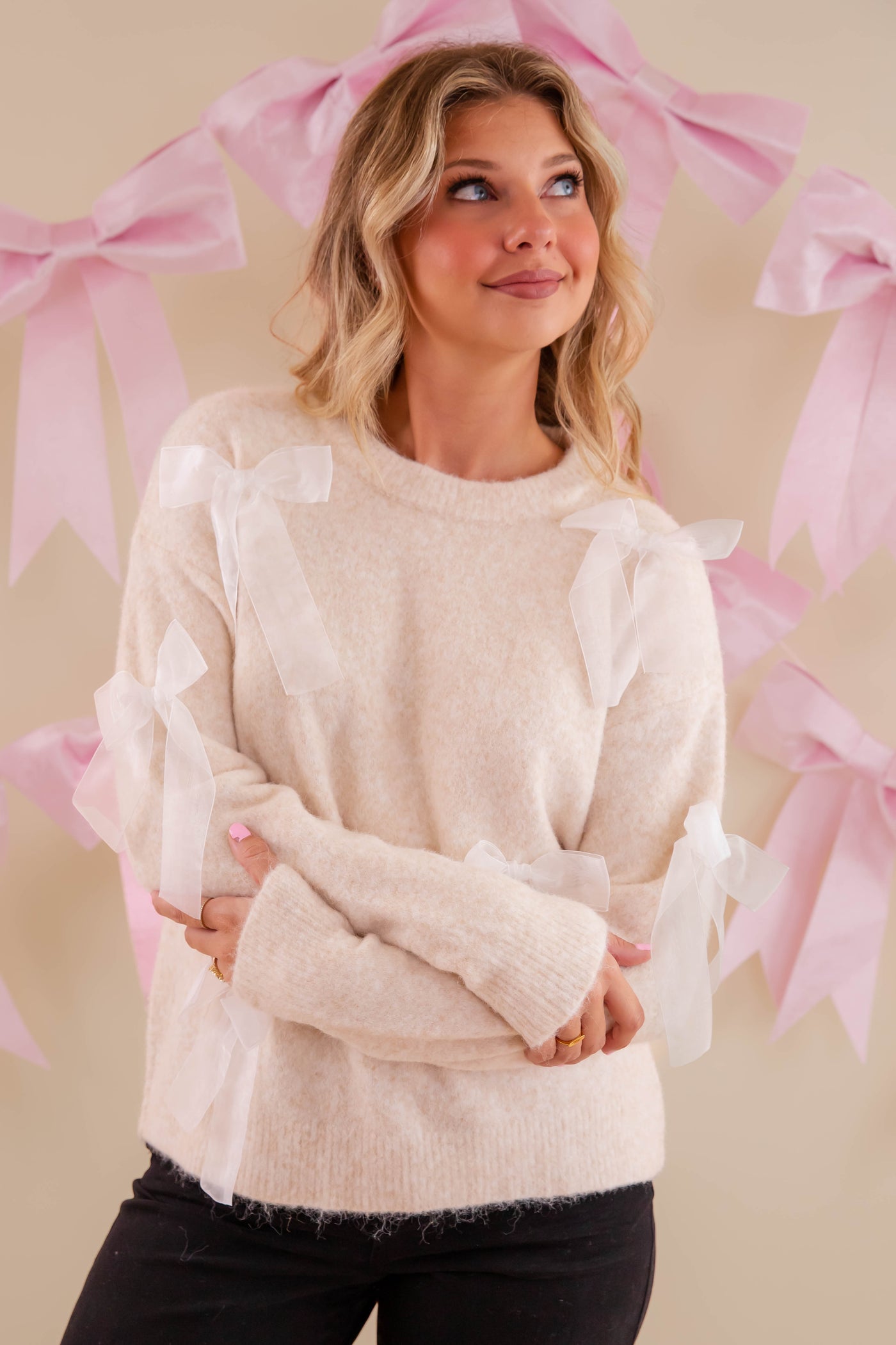 Women's Bow Applique Sweater- Ribbon Bow Sweater- Coquette Bow Sweater