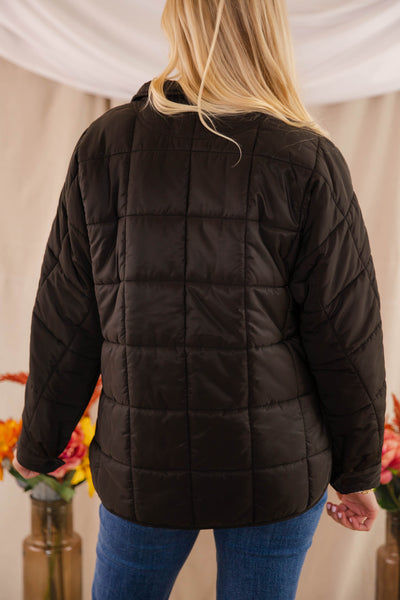 Black Quilted Puffer Jacket- Women's Boxy Fall Jacket- FP Dupe Quilted Jacket