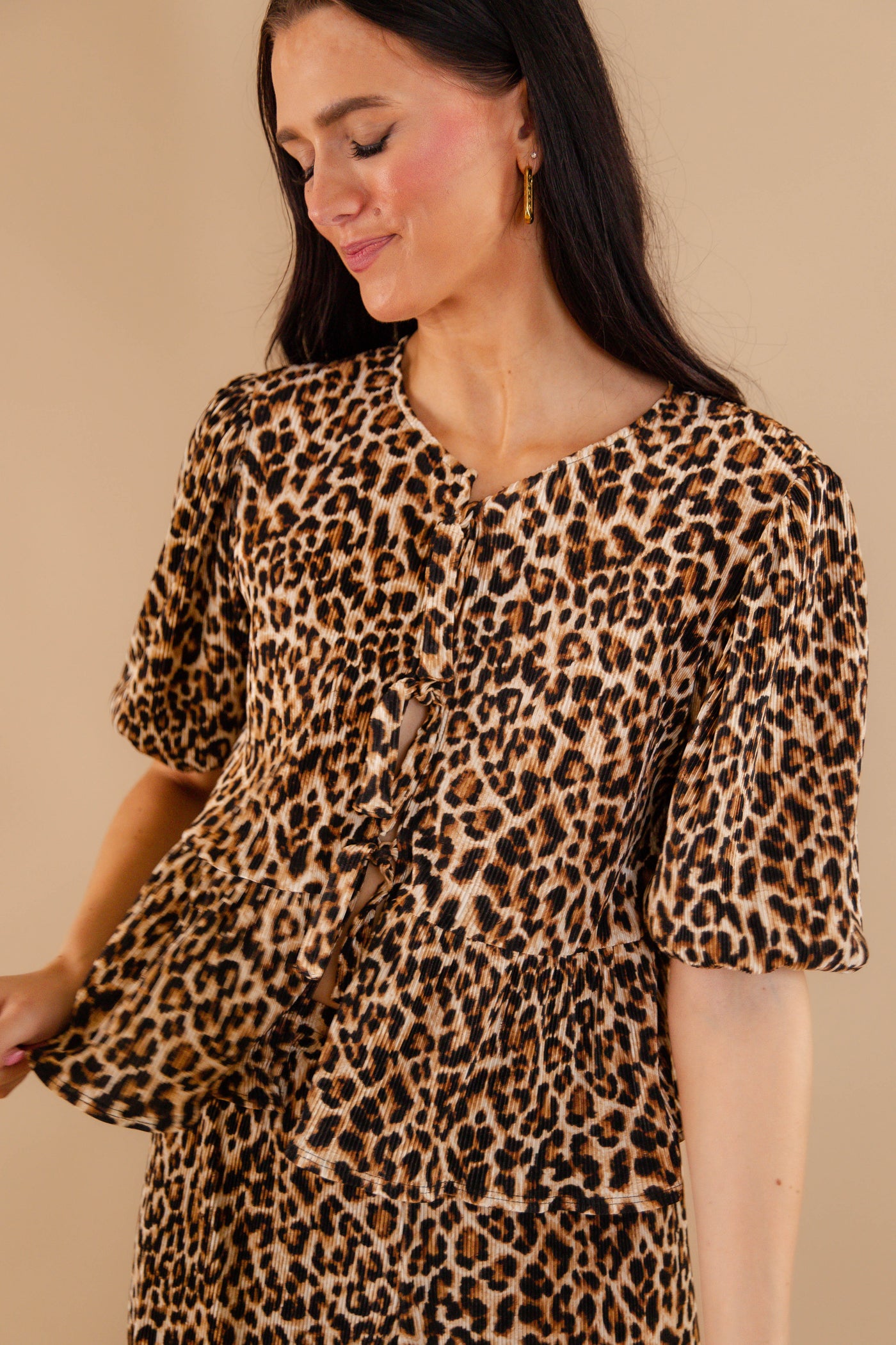 Leopard Tie Front Blouse- Women's Leopard Matching Set- Women's Cheetah Matching Two-Piece Set