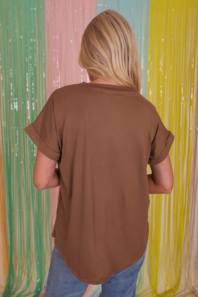 Women's Basic Brown Tee- Brown V-Neck Shirt- Women's Brown Pocket Tee