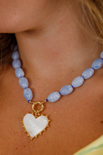 Heart Blue Beaded Necklace- Women's Summer Beaded Jewelry