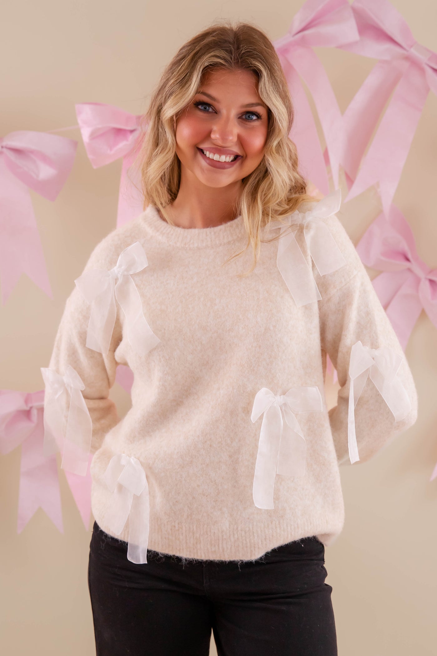 Women's Bow Applique Sweater- Ribbon Bow Sweater- Coquette Bow Sweater