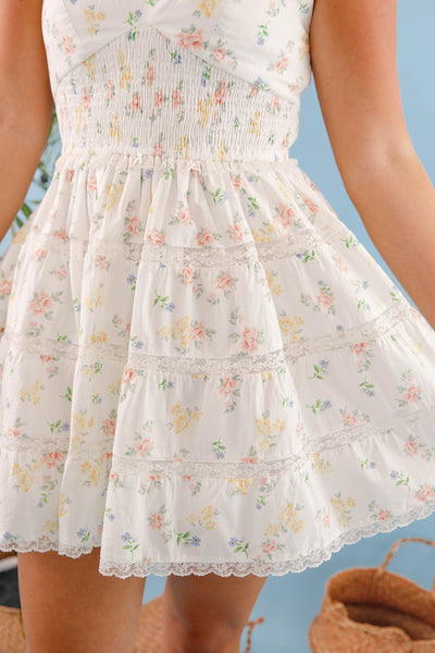 Women's White Floral Print Dress- Cute ruffled floral dress- Mable Floral Mini Dress