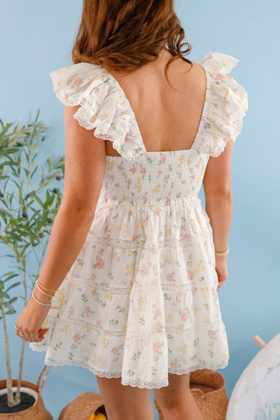 Women's White Floral Print Dress- Cute ruffled floral dress- Mable Floral Mini Dress