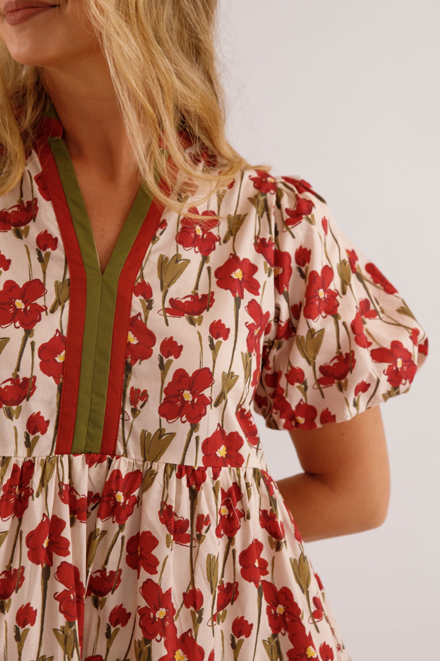 Burgundy Floral Print Dress- Women's Short Sleeve Bubble Dress- Women's Entro Dresses