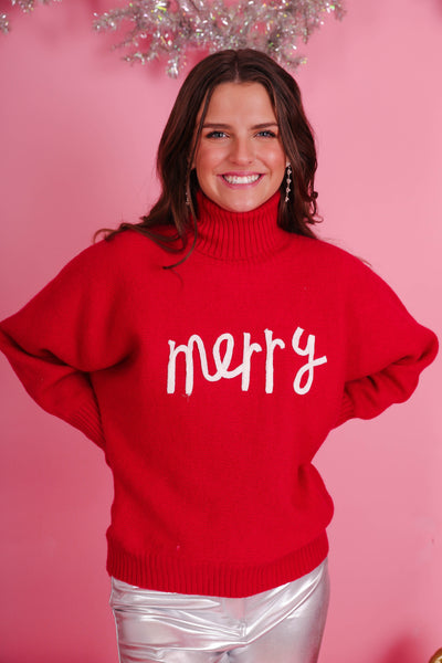 Merry Knit Red Sweater- Women's Classy Christmas Sweaters- Women's Preppy Christmas Tops