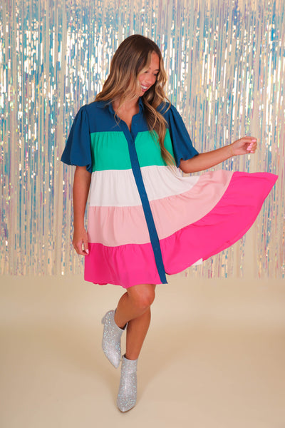Women's Color Block Dress- Colorful Button Down Dress- Fantastic Fawn Dress