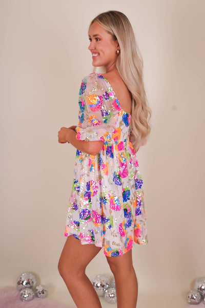 Women's Sequin Floral Dress- Sequin Babydoll Dress- Main Strip Sequin Dress