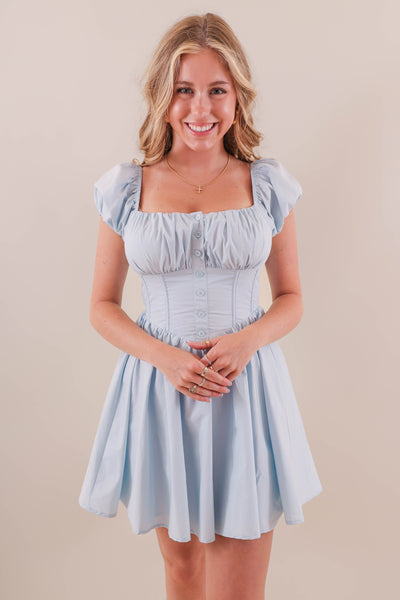 Baby Blue Corset Style Dress- Women's Puff Sleeve Corset Dress- Mable Dresses