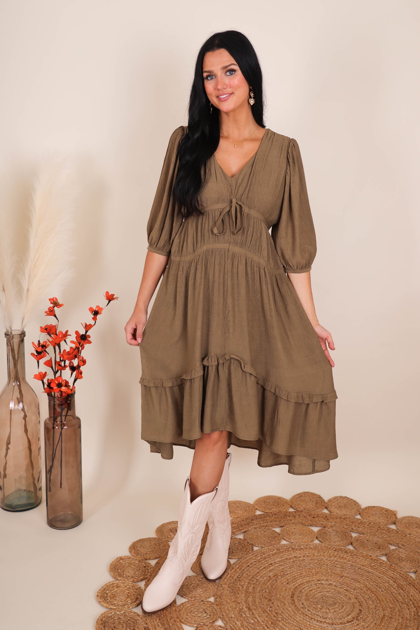 Olive Green Midi Dress- Feminine Midi Dresses- Cottage-Core Style Dresses- &Merci Midi Dress