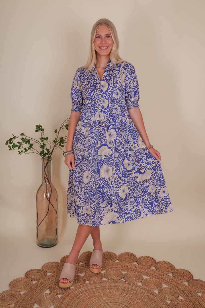 Women's Cotton Midi Dress- Women's Collard Print Midi- Umgee