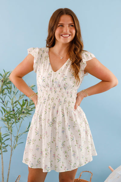 Short White Floral Dress- Flower Print Mini Dress