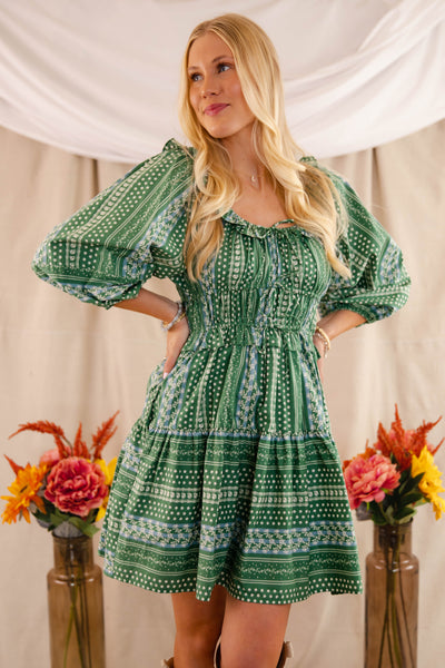 Green Printed Floral Dress- Women's Fall Dresses- Entro Green Print Dress