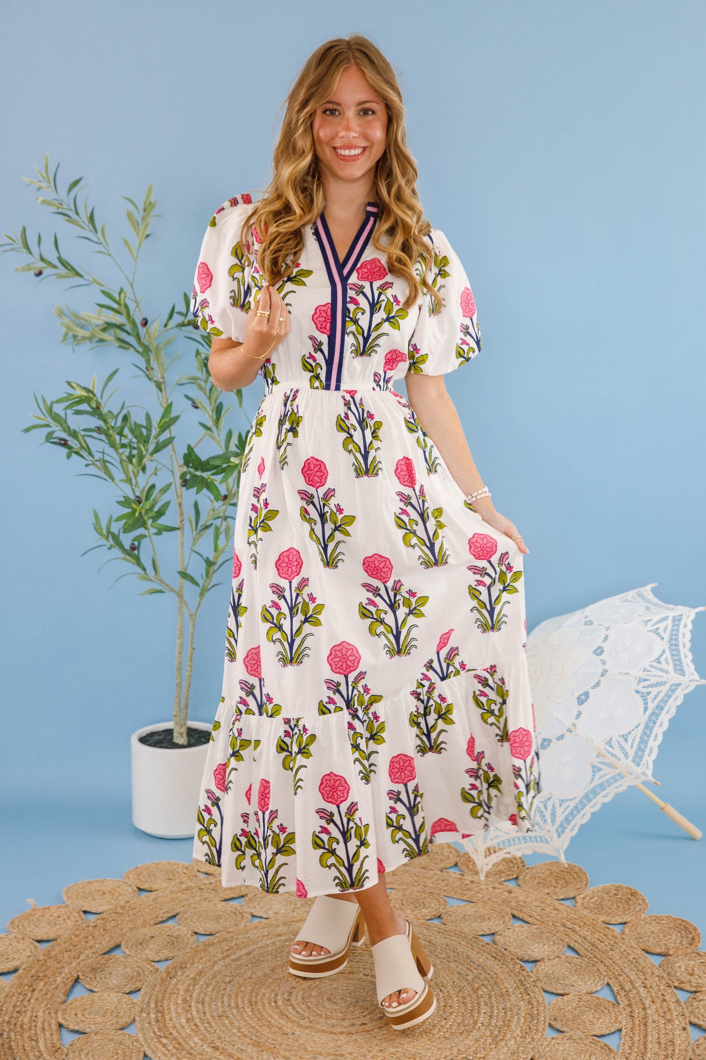 Women's White Printed Dress- THML Midi Dress- Women's Anthro Midi Dress