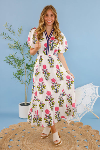 Women's White Printed Dress- THML Midi Dress- Women's Anthro Midi Dress
