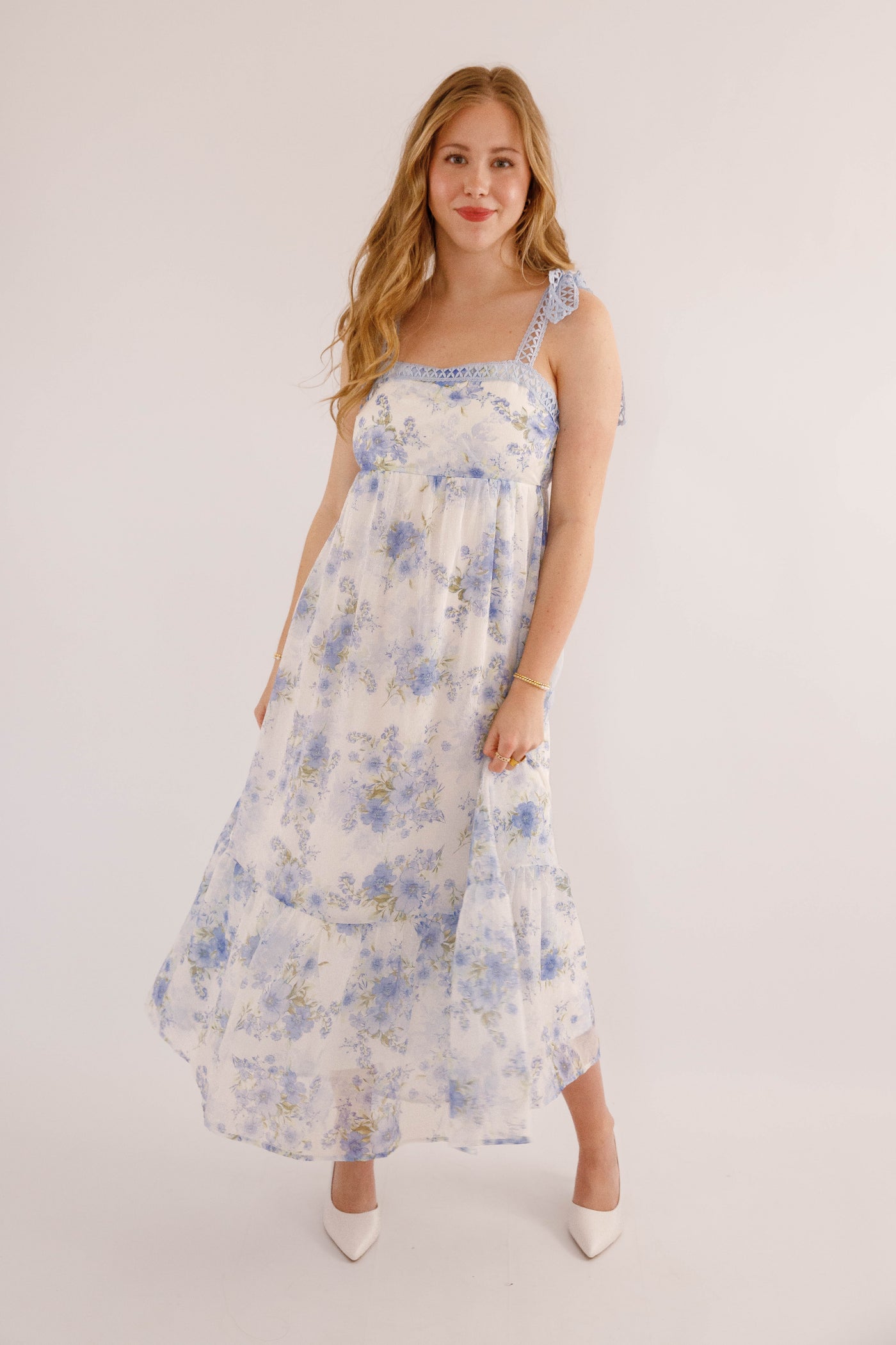 Women's Blue And Green Flower Dress- Blue Crotchet Dress- Blu Pepper Floral Maxi Dress Small