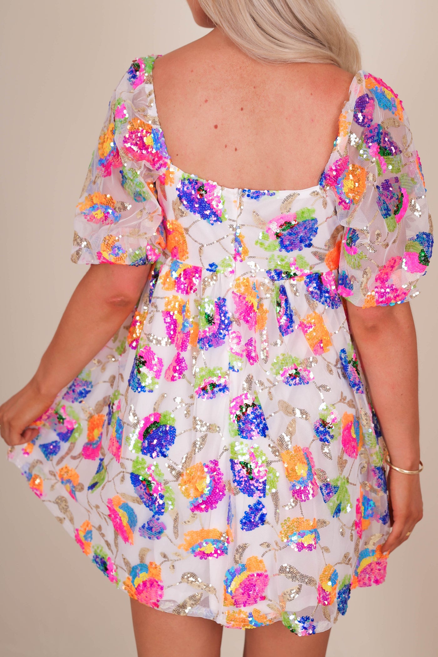 Women's Sequin Floral Dress- Sequin Babydoll Dress- Main Strip Sequin Dress
