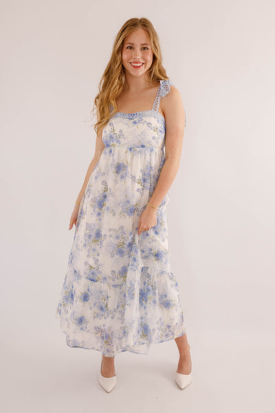 Women's Blue And Green Flower Dress- Blue Crotchet Dress- Blu Pepper Floral  Maxi Dress – Juliana's Boutique