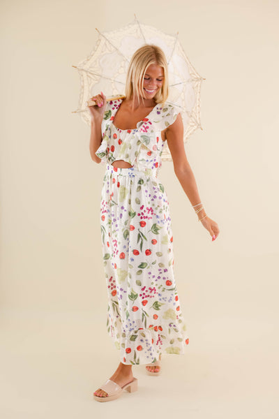 Women's Strawberry Fruit Print Dress- Coquette Style Dresses- Vintage Shop Maxi Dress