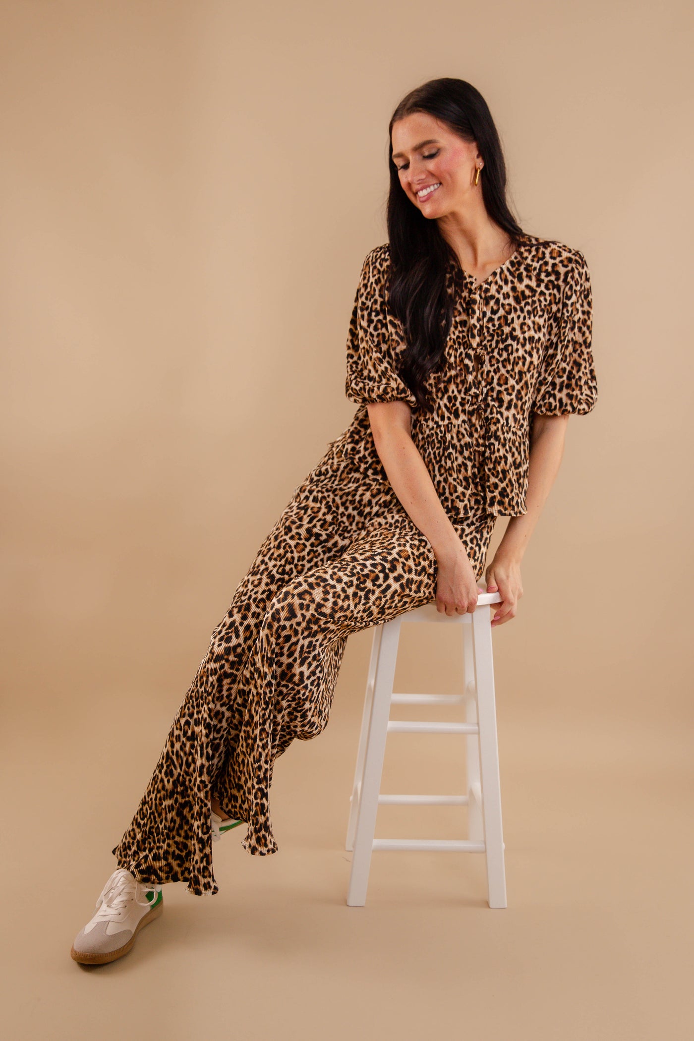 Leopard Tie Front Blouse- Women's Leopard Matching Set- Women's Cheetah Matching Two-Piece Set